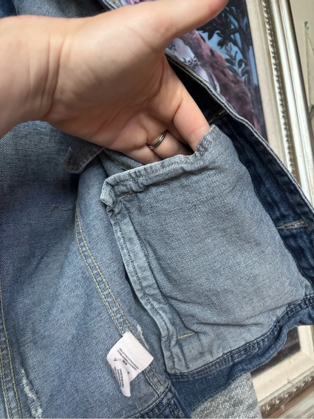 Free People denim jacket with knit hoodie in blue and gray - Picture 9 of 11